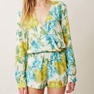 Blu Moon Floral Romper Long Sleeve Boho Turquoise